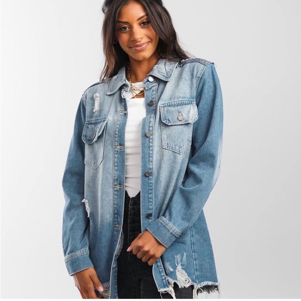 BKE Patchwork Back Distressed Denim Jacket Small … - image 2